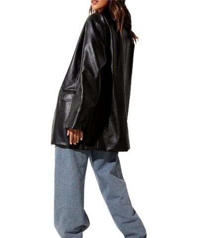 Women Faux Leather Blazer Fashion Lapel Collar PU Jackets Vegan Motorcycle Cropped Coat Casual Oversized Outwear L-black $9.6...