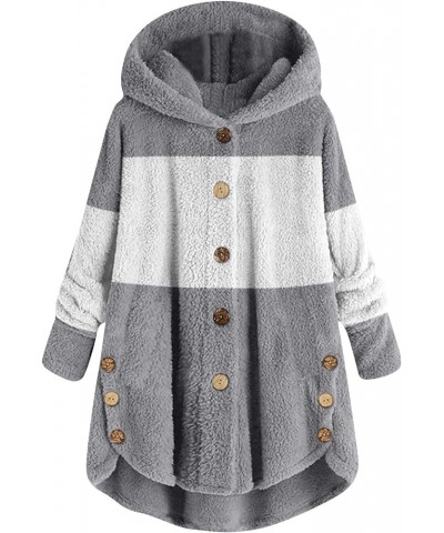 Women's Fleece Coats Hooded Button Down Color Block Jackets Plus Size Long Sleeve Side Split Fuzzy Tops S-5Xl 03gray $11.31 J...