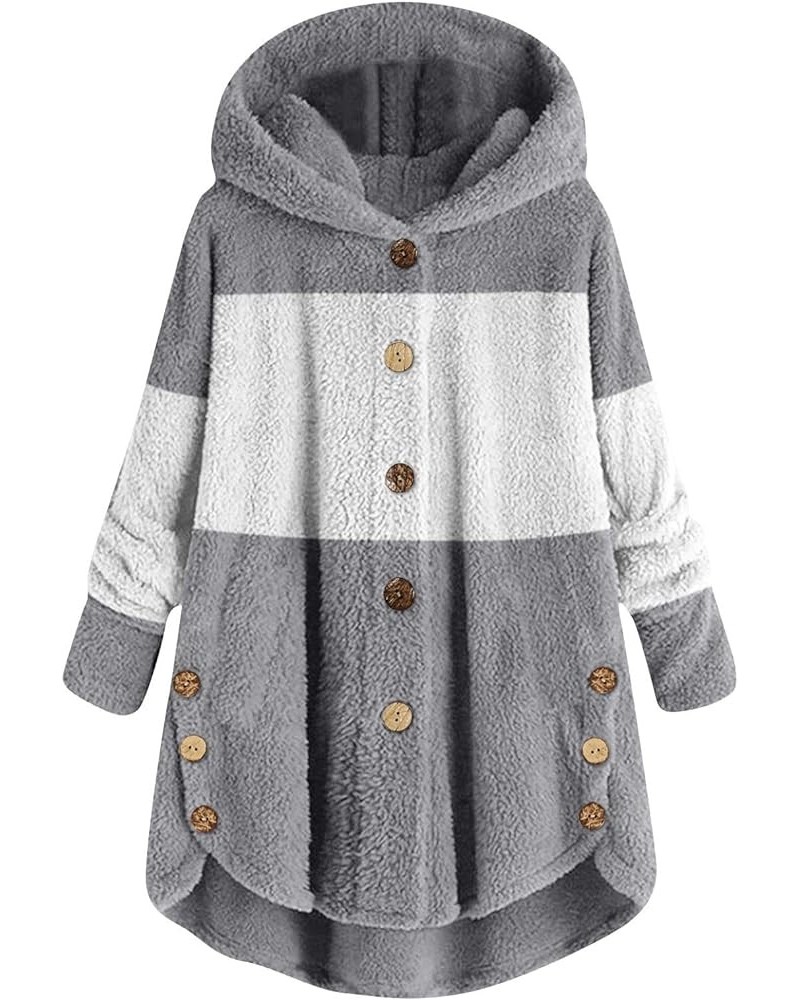 Women's Fleece Coats Hooded Button Down Color Block Jackets Plus Size Long Sleeve Side Split Fuzzy Tops S-5Xl 03gray $11.31 J...