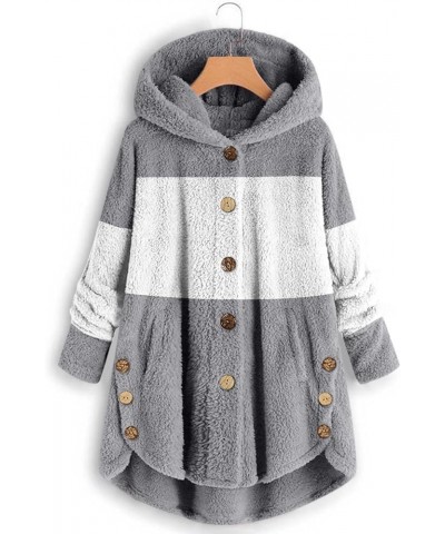 Women's Fleece Coats Hooded Button Down Color Block Jackets Plus Size Long Sleeve Side Split Fuzzy Tops S-5Xl 03gray $11.31 J...