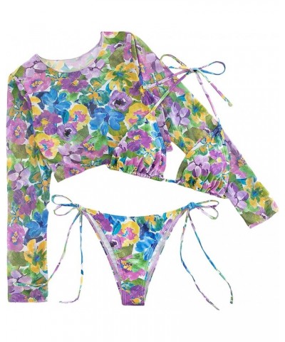 Women's Floral 3 Piece Bathing Suits Halter Triangle Thong Bikini Swimsuit with Cover Up Set Multicolor $13.80 Swimsuits