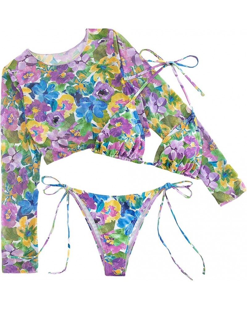 Women's Floral 3 Piece Bathing Suits Halter Triangle Thong Bikini Swimsuit with Cover Up Set Multicolor $13.80 Swimsuits