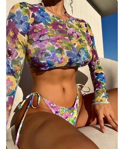 Women's Floral 3 Piece Bathing Suits Halter Triangle Thong Bikini Swimsuit with Cover Up Set Multicolor $13.80 Swimsuits