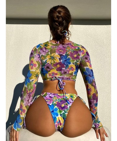 Women's Floral 3 Piece Bathing Suits Halter Triangle Thong Bikini Swimsuit with Cover Up Set Multicolor $13.80 Swimsuits