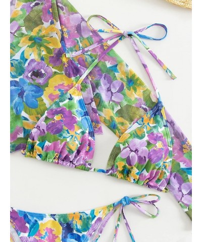 Women's Floral 3 Piece Bathing Suits Halter Triangle Thong Bikini Swimsuit with Cover Up Set Multicolor $13.80 Swimsuits