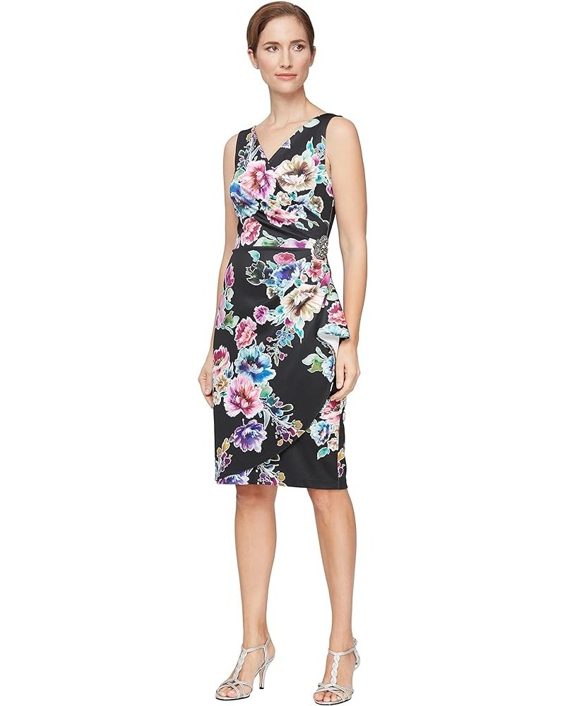 Women's Short Crepe Dress with Side Ruched Waist (Petite and Regular Sizes) Bright Black Floral $44.24 Dresses