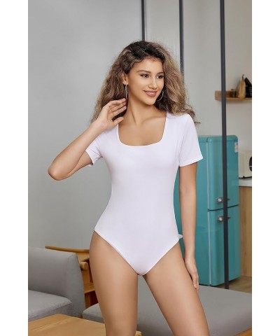 Square Neck Long Sleeve Double Lined Bodysuit for Women Soft Modal Body Suit 15-white $14.07 Bodysuits