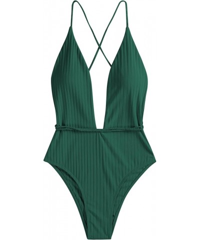 Women’s Ribbed One Piece Swimsuit Deep V Neck Bathing Suit Crisscross Back Self Tie Monokini Green $15.98 Swimsuits