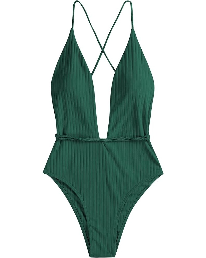 Women’s Ribbed One Piece Swimsuit Deep V Neck Bathing Suit Crisscross Back Self Tie Monokini Green $15.98 Swimsuits