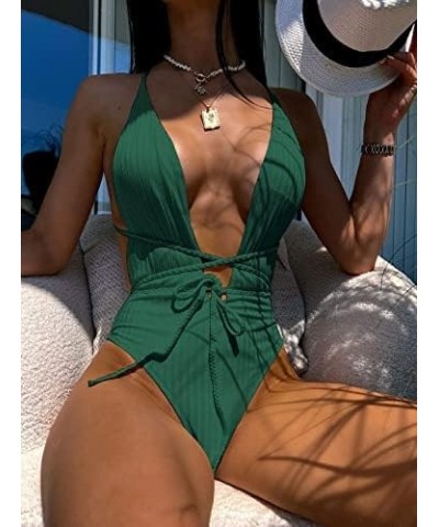 Women’s Ribbed One Piece Swimsuit Deep V Neck Bathing Suit Crisscross Back Self Tie Monokini Green $15.98 Swimsuits