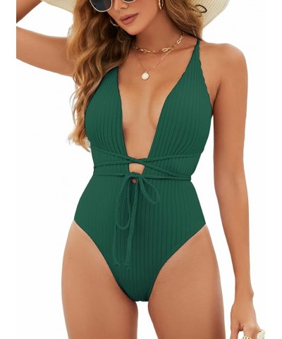 Women’s Ribbed One Piece Swimsuit Deep V Neck Bathing Suit Crisscross Back Self Tie Monokini Green $15.98 Swimsuits