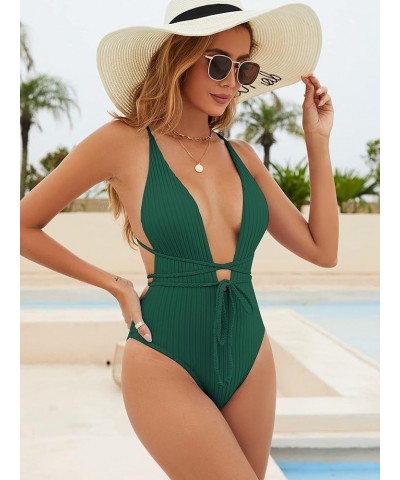 Women’s Ribbed One Piece Swimsuit Deep V Neck Bathing Suit Crisscross Back Self Tie Monokini Green $15.98 Swimsuits