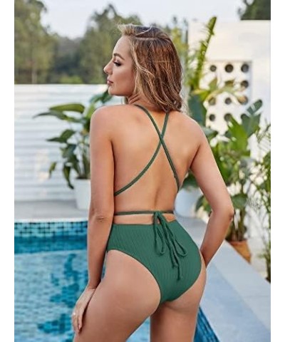 Women’s Ribbed One Piece Swimsuit Deep V Neck Bathing Suit Crisscross Back Self Tie Monokini Green $15.98 Swimsuits