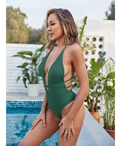 Women’s Ribbed One Piece Swimsuit Deep V Neck Bathing Suit Crisscross Back Self Tie Monokini Green $15.98 Swimsuits