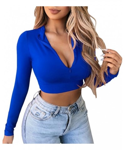 Women's Long Sleeve Quarter Zip Crop Tops Fleece Lined V Neck Fitted Sexy Cropped Shirts 01royal Blue $11.34 T-Shirts
