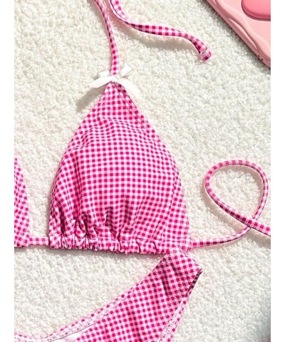 Women's 2 Piece Triangle Bathing Suit Halter Top ​Tie Side Thong Bikini Swimsuits Pink Plaid $17.00 Swimsuits