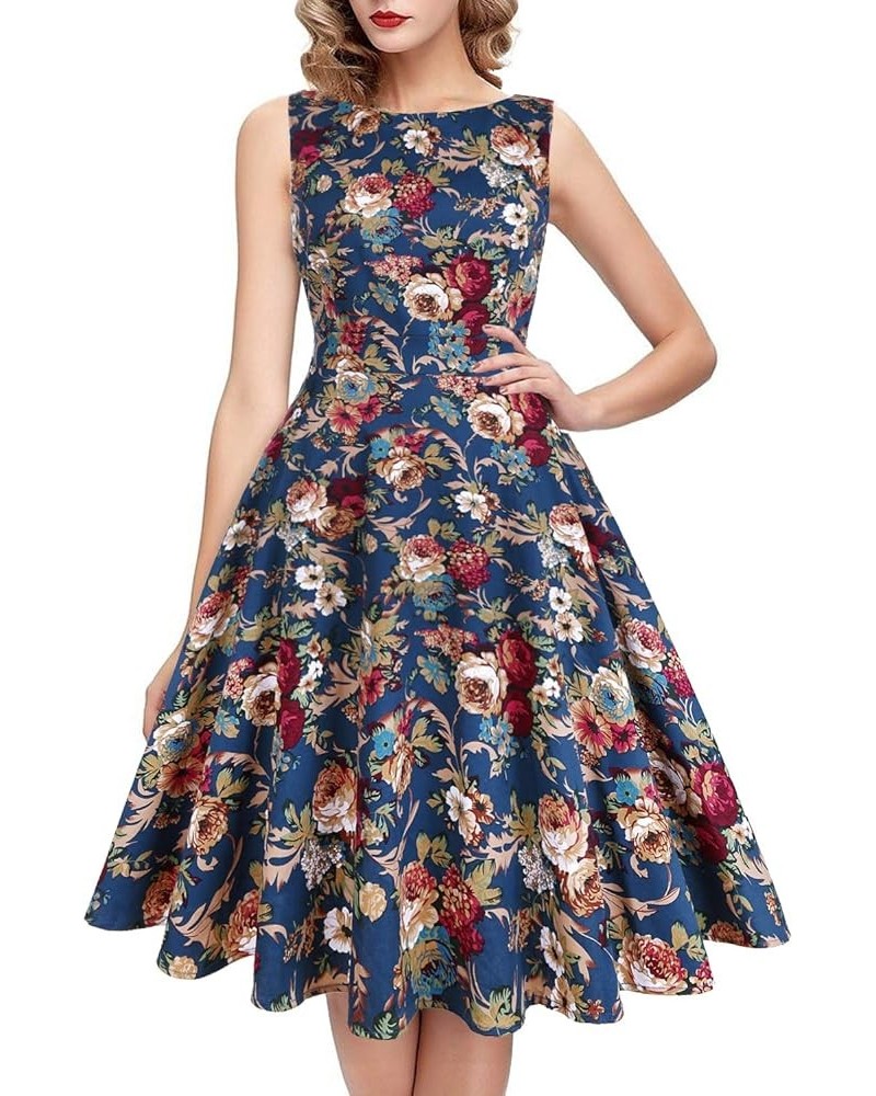 Vintage Tea Dress 1950's Floral Flare Casual Garden Retro Swing Party Cocktail Dress for Women 1-lake-blue $13.44 Dresses