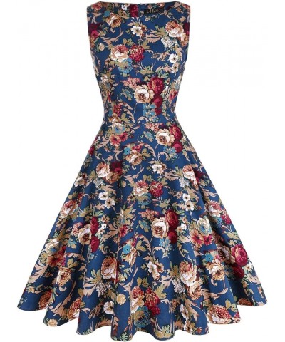 Vintage Tea Dress 1950's Floral Flare Casual Garden Retro Swing Party Cocktail Dress for Women 1-lake-blue $13.44 Dresses