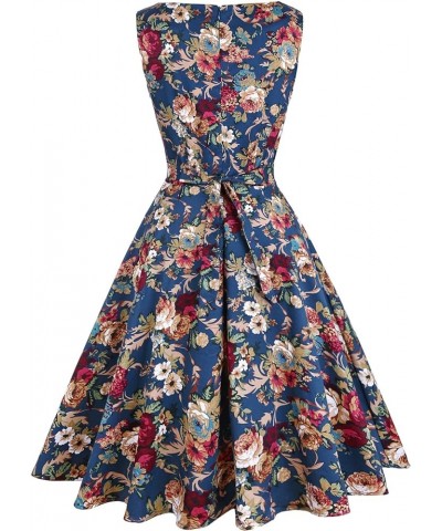 Vintage Tea Dress 1950's Floral Flare Casual Garden Retro Swing Party Cocktail Dress for Women 1-lake-blue $13.44 Dresses