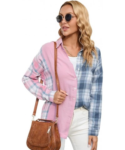 Womens Plaid Patchwork Shirts Button Down Collared Blouse Long Sleeve Color Block Boyfriend Oversized Casual Top Pink and Blu...