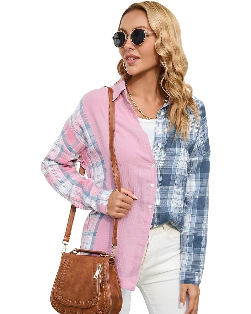 Womens Plaid Patchwork Shirts Button Down Collared Blouse Long Sleeve Color Block Boyfriend Oversized Casual Top Pink and Blu...