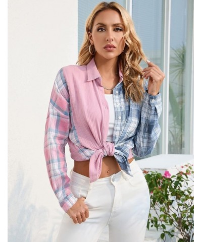 Womens Plaid Patchwork Shirts Button Down Collared Blouse Long Sleeve Color Block Boyfriend Oversized Casual Top Pink and Blu...