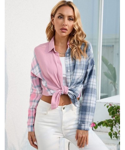 Womens Plaid Patchwork Shirts Button Down Collared Blouse Long Sleeve Color Block Boyfriend Oversized Casual Top Pink and Blu...