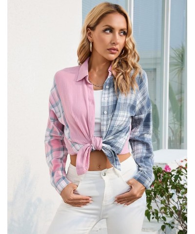 Womens Plaid Patchwork Shirts Button Down Collared Blouse Long Sleeve Color Block Boyfriend Oversized Casual Top Pink and Blu...