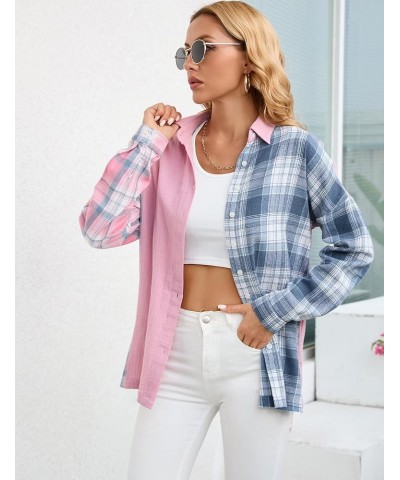 Womens Plaid Patchwork Shirts Button Down Collared Blouse Long Sleeve Color Block Boyfriend Oversized Casual Top Pink and Blu...