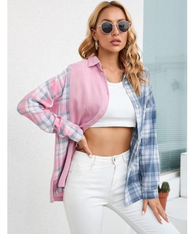 Womens Plaid Patchwork Shirts Button Down Collared Blouse Long Sleeve Color Block Boyfriend Oversized Casual Top Pink and Blu...