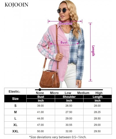 Womens Plaid Patchwork Shirts Button Down Collared Blouse Long Sleeve Color Block Boyfriend Oversized Casual Top Pink and Blu...