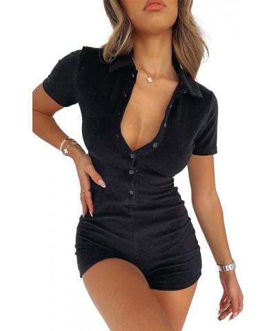 Short Sleeve Jumpsuit for Women Y2K Bodycon V Neck Buttons Rompers Shorts Knitted One Piece Bodysuit Club Overalls Style 7 $1...