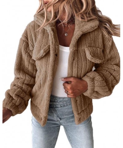 Women's Lapel Long Sleeve Button Down Fleece Fluffy Jacket Casual Cropped Fleece Coat Outwear with Pockets Khaki $15.67 Jackets