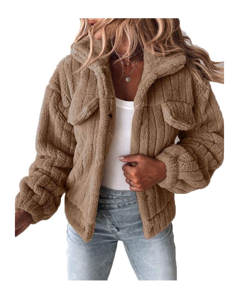 Women's Lapel Long Sleeve Button Down Fleece Fluffy Jacket Casual Cropped Fleece Coat Outwear with Pockets Khaki $15.67 Jackets