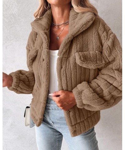 Women's Lapel Long Sleeve Button Down Fleece Fluffy Jacket Casual Cropped Fleece Coat Outwear with Pockets Khaki $15.67 Jackets