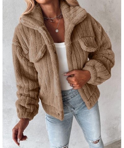 Women's Lapel Long Sleeve Button Down Fleece Fluffy Jacket Casual Cropped Fleece Coat Outwear with Pockets Khaki $15.67 Jackets