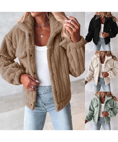 Women's Lapel Long Sleeve Button Down Fleece Fluffy Jacket Casual Cropped Fleece Coat Outwear with Pockets Khaki $15.67 Jackets