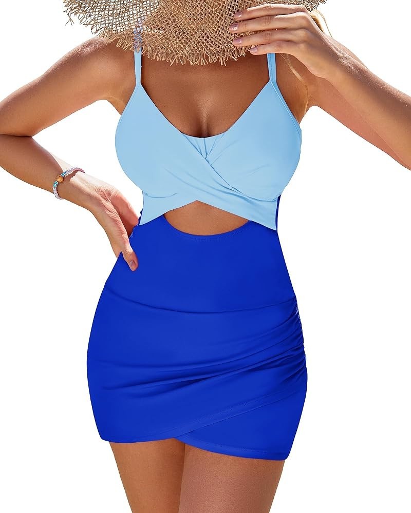 One Piece Bathing Suit for Women with Skirt Cutout Swimsuits Criss Cross Swim Dress Colorblock Tie Back Swimwear Blue Block $...