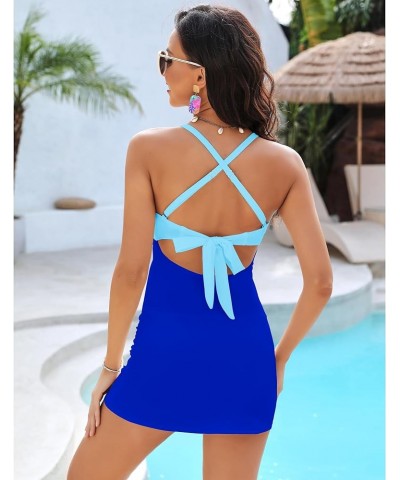 One Piece Bathing Suit for Women with Skirt Cutout Swimsuits Criss Cross Swim Dress Colorblock Tie Back Swimwear Blue Block $...