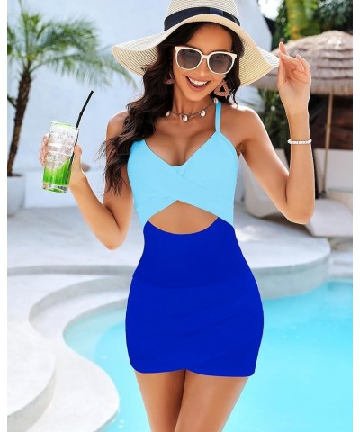 One Piece Bathing Suit for Women with Skirt Cutout Swimsuits Criss Cross Swim Dress Colorblock Tie Back Swimwear Blue Block $...