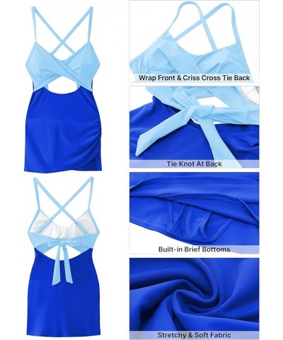 One Piece Bathing Suit for Women with Skirt Cutout Swimsuits Criss Cross Swim Dress Colorblock Tie Back Swimwear Blue Block $...