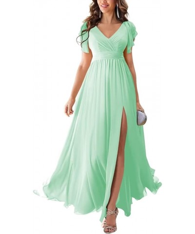 Long Bridesmaid Dresses with Slit Chiffon V Neck Ruffles Sleeves Formal Dress Evening Gown for Weddings Bride Mint $36.91 Dre...