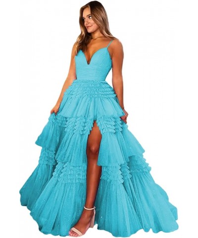 Spaghetti Straps Prom Dresses with Slit 2023 Sparkly Tulle Dress V Neck Formal Dresses for Women Evening CXL075 Blue $54.05 D...