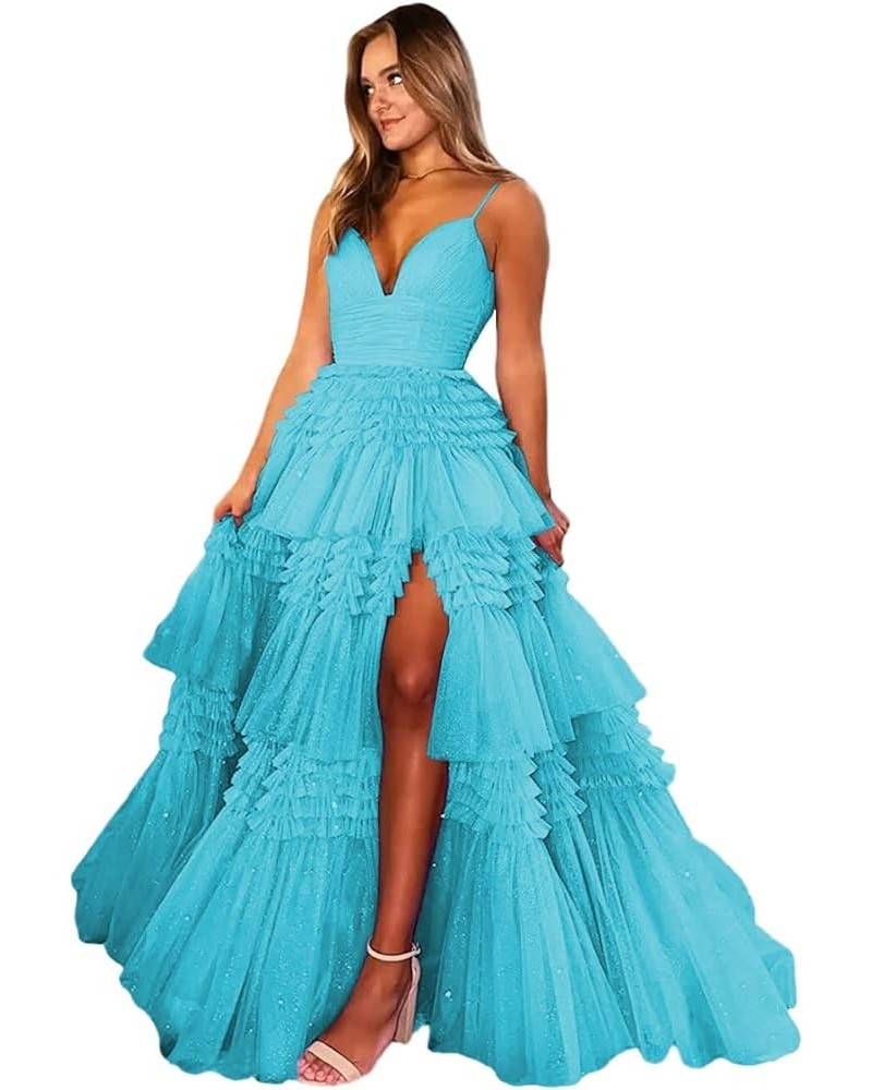 Spaghetti Straps Prom Dresses with Slit 2023 Sparkly Tulle Dress V Neck Formal Dresses for Women Evening CXL075 Blue $54.05 D...