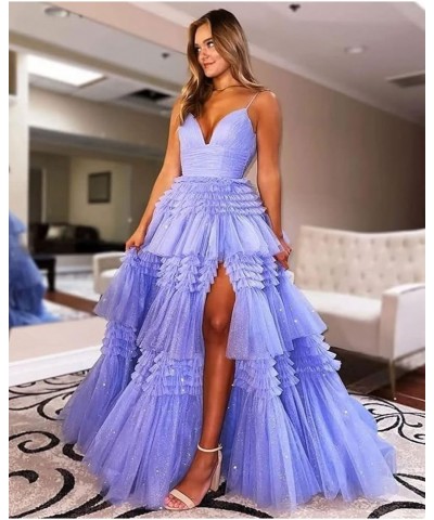 Spaghetti Straps Prom Dresses with Slit 2023 Sparkly Tulle Dress V Neck Formal Dresses for Women Evening CXL075 Blue $54.05 D...