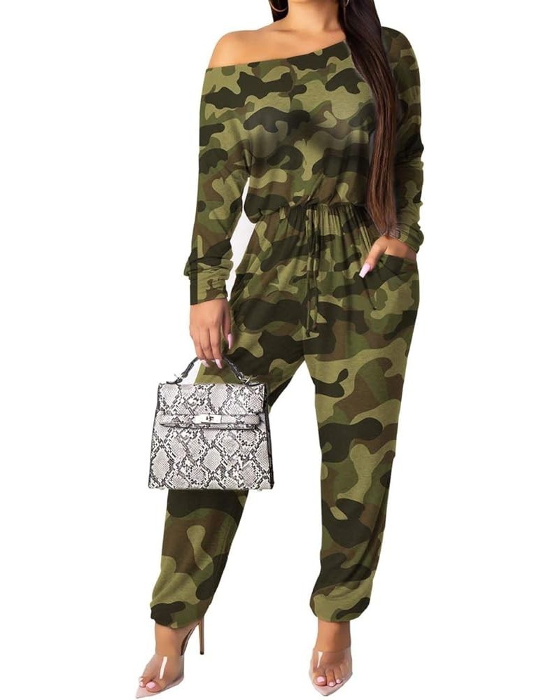 Women's Off Shoulder Camo Jumpsuit Long Sleeve Drawstring Waist Plaid Leopard Print Club Casual Rompers Green $16.73 Jumpsuits