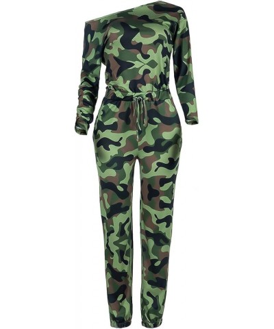 Women's Off Shoulder Camo Jumpsuit Long Sleeve Drawstring Waist Plaid Leopard Print Club Casual Rompers Green $16.73 Jumpsuits