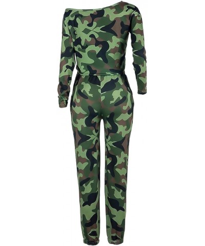 Women's Off Shoulder Camo Jumpsuit Long Sleeve Drawstring Waist Plaid Leopard Print Club Casual Rompers Green $16.73 Jumpsuits