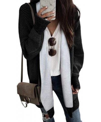 Womens Fleece Lined Open Front Cardigan Long Sleeve Oversized Plaid Chunky Knit Sweaters Coat Black $24.94 Sweaters