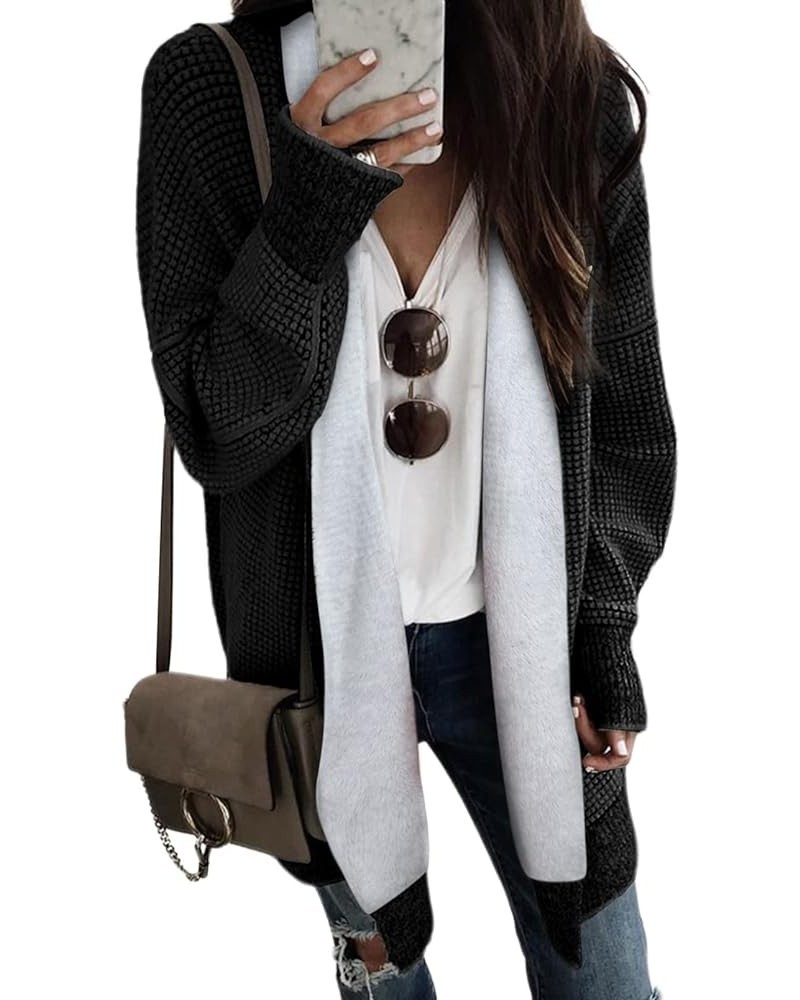 Womens Fleece Lined Open Front Cardigan Long Sleeve Oversized Plaid Chunky Knit Sweaters Coat Black $24.94 Sweaters